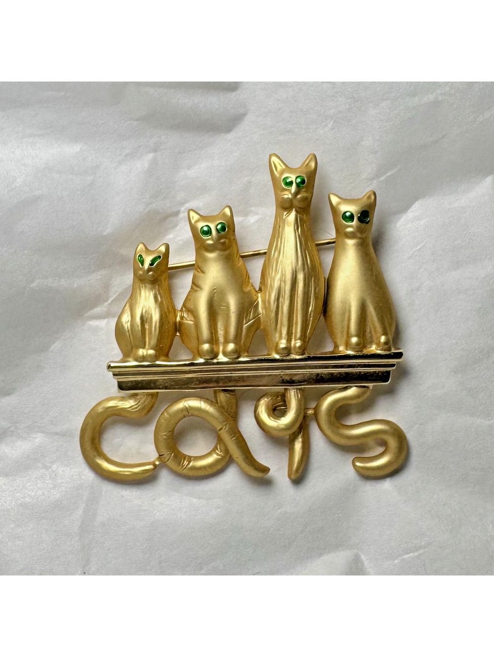 Vintage AJC Cat Family Brooch Pin Gold Tone Green Rhinestone Eyes Figural